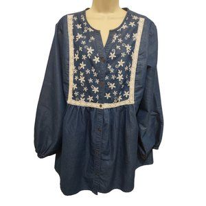 Woman Within Denim Tunic Blouse Shirt Embroidered Button Up Plus Size 18/20 L